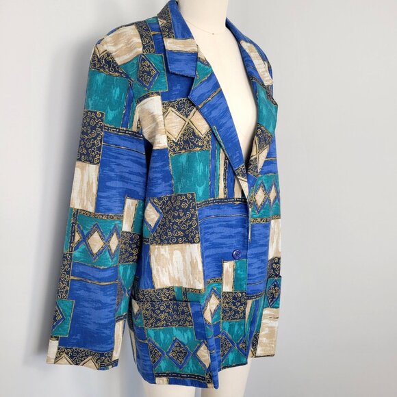 Vintage 80s Blair Patchwork Print Blazer Geometric Made in USA Size Medium - Picture 2 of 10